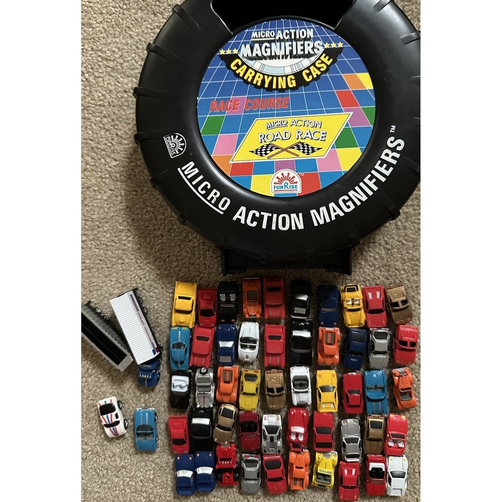 1989 Funrise Micro Action 50+ Cars, Carry Case, Accessories-Road Signs, Cones ++